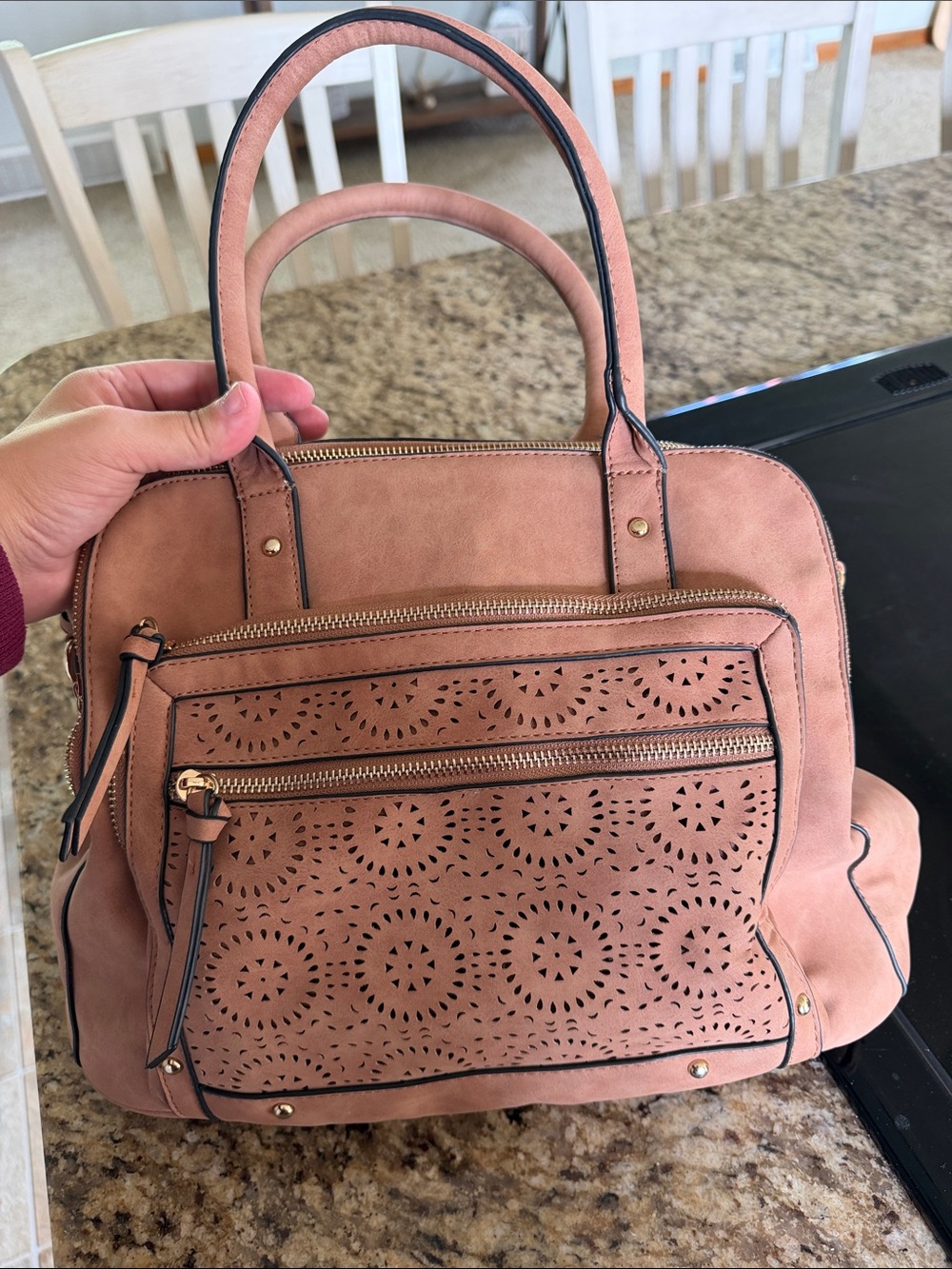 Stylish Laser-Cut Satchel Handbag in Blush Tan